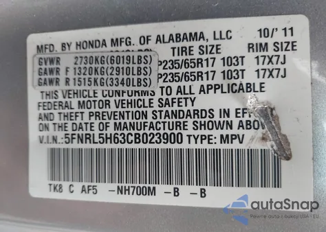 2012 Honda Odyssey Ex-L из США, поврежденный, VIN 5FNRL5H63CB023900